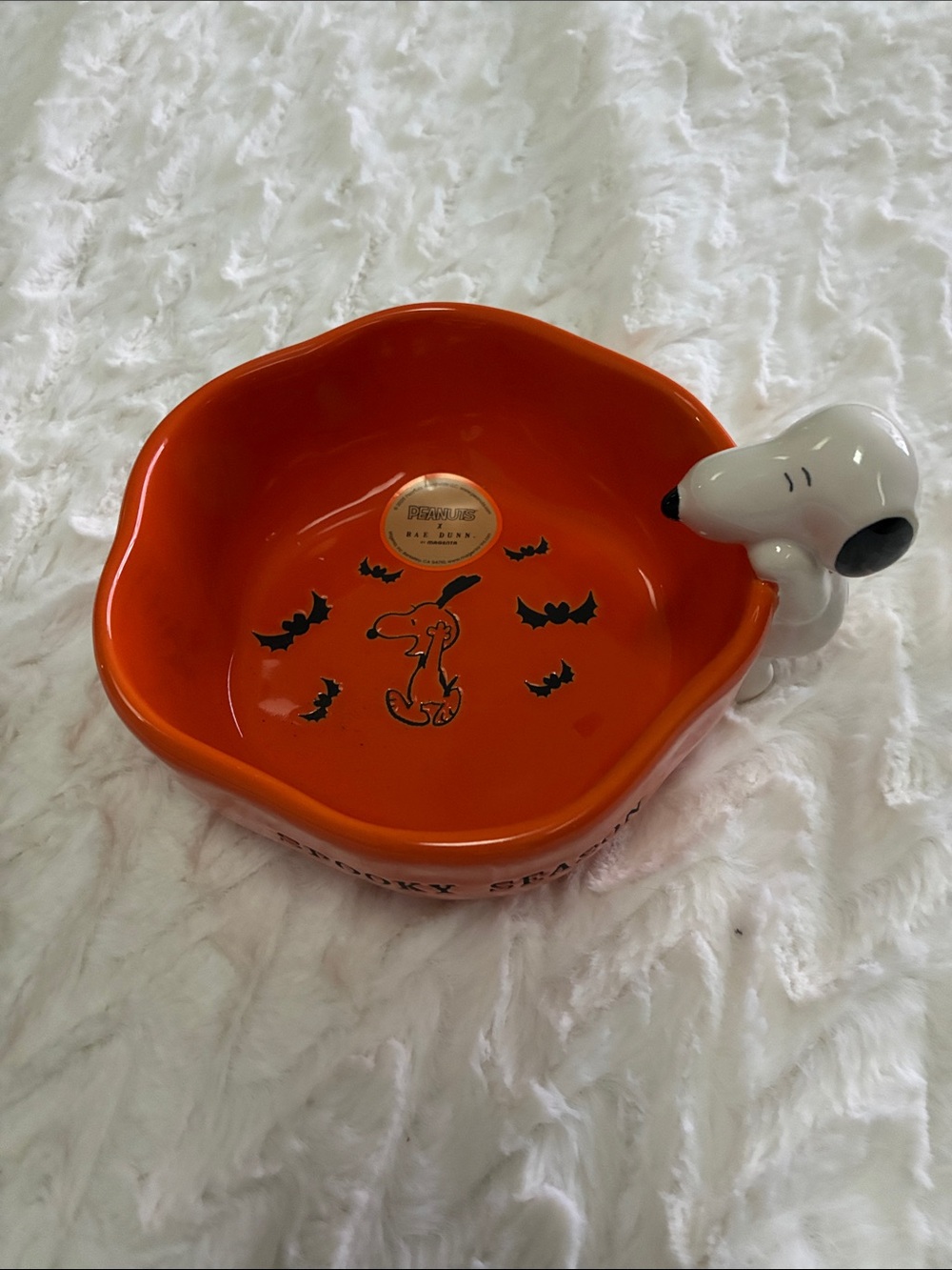 Rae Dunn Orange Snoopy Ceramic Pet Bowl with Character Handle